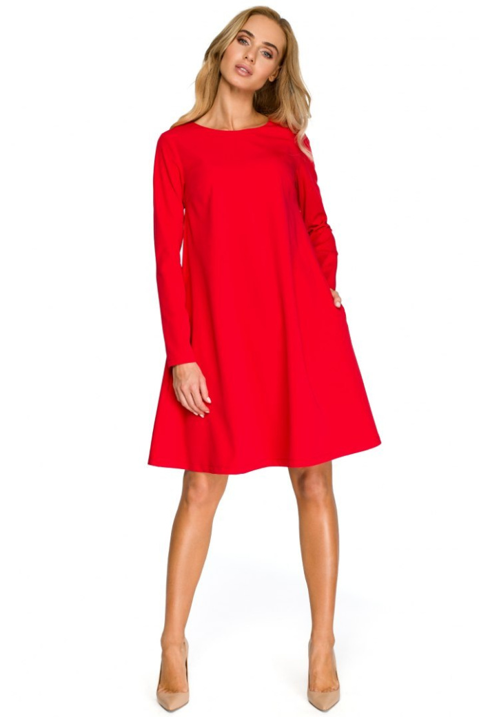 Sukienka Midi - Rozkloszowana Trapezowa - czerwona